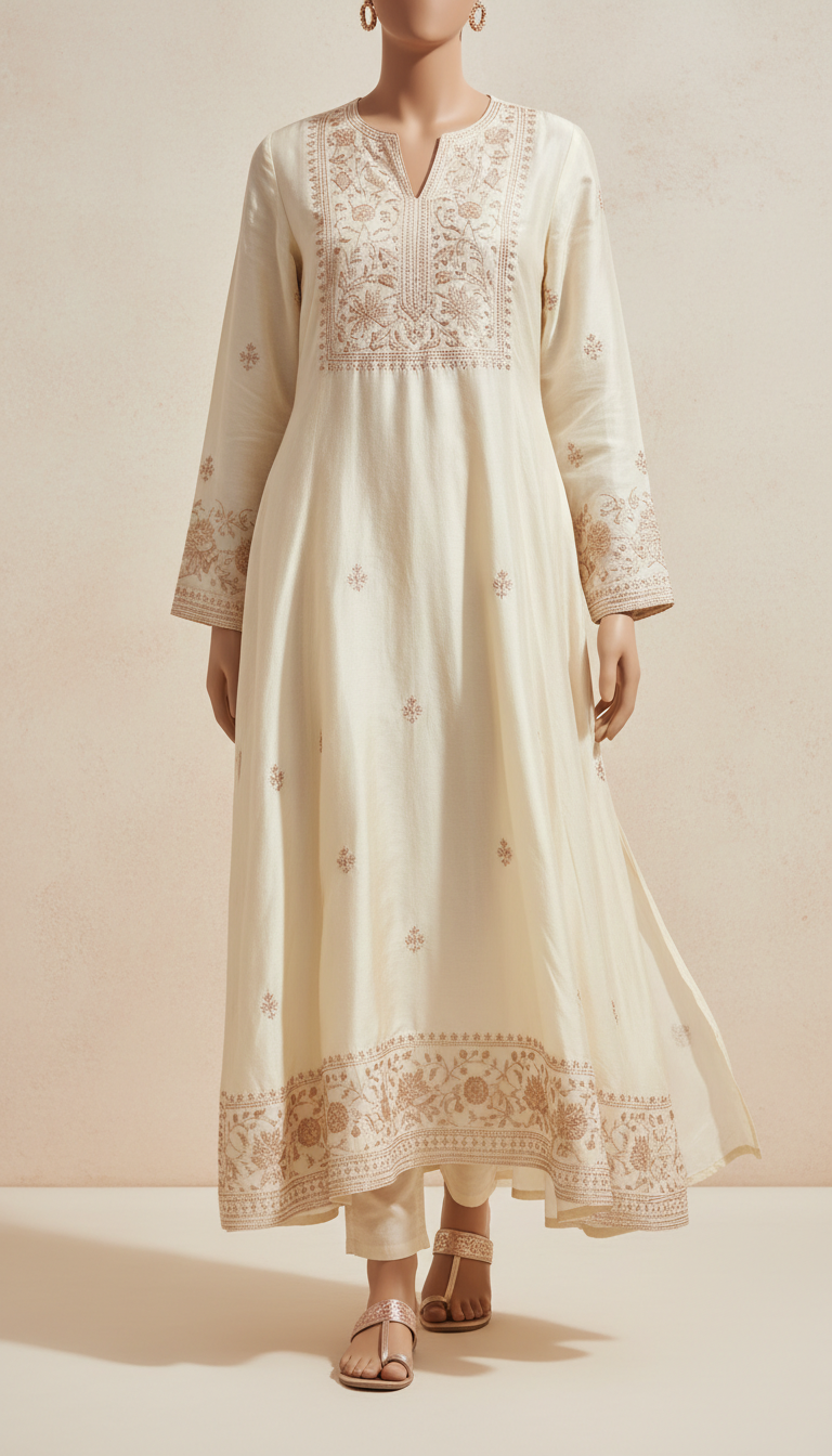 Ivory Silk Kurta with Rose Gold Detail