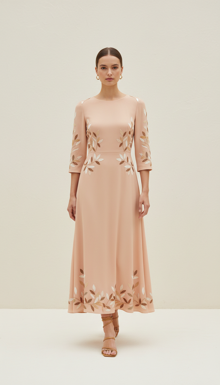 Peach Blush Crepe Dress with Minimal Embroidery